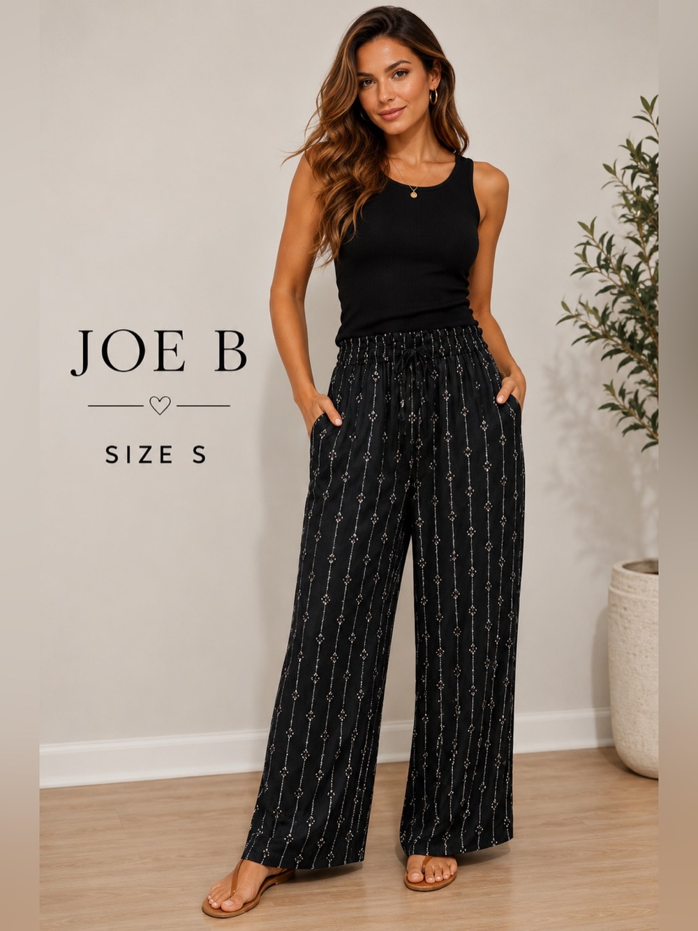 JOE B Black Boho Print wide leg Pants Size S Elastic Waist Lightweight